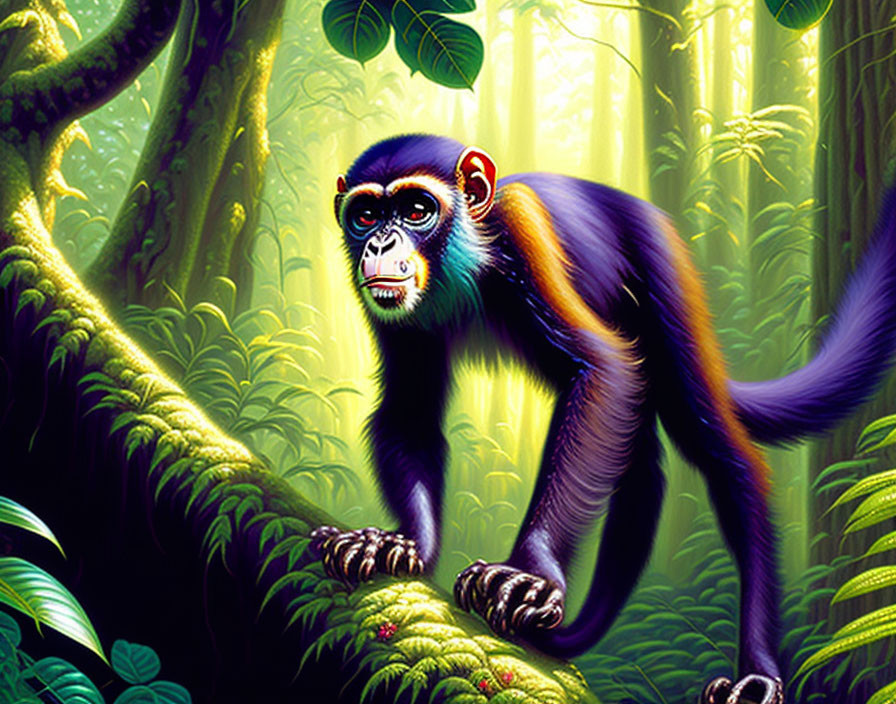 Colorful Monkey Illustration on Jungle Vine with Green Foliage