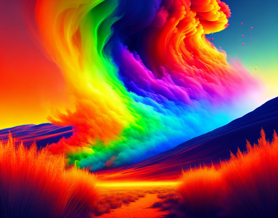Colorful digital artwork: Vibrant spectrum swirling above orange path