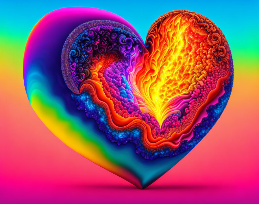 Colorful 3D heart with fractal designs in blues, purples, reds,