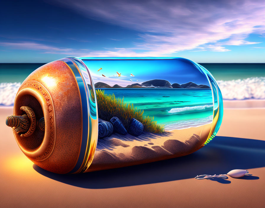 Transparent cylindrical bottle on beach with ocean scene inside