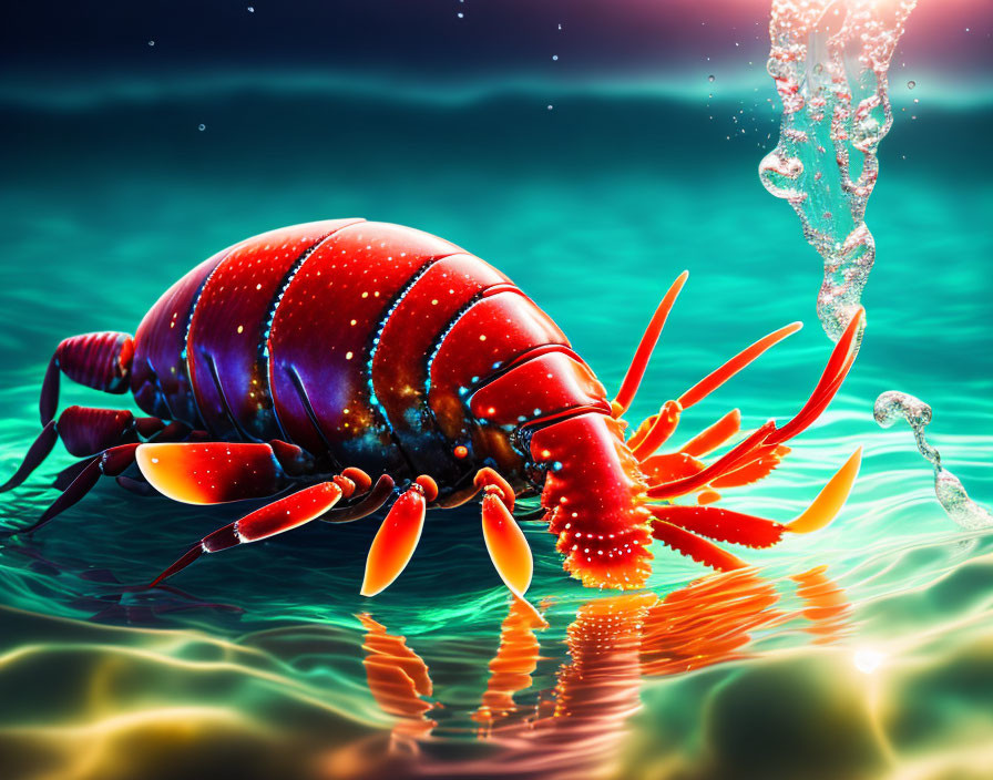Vibrant red lobster with raised claws in teal ocean setting