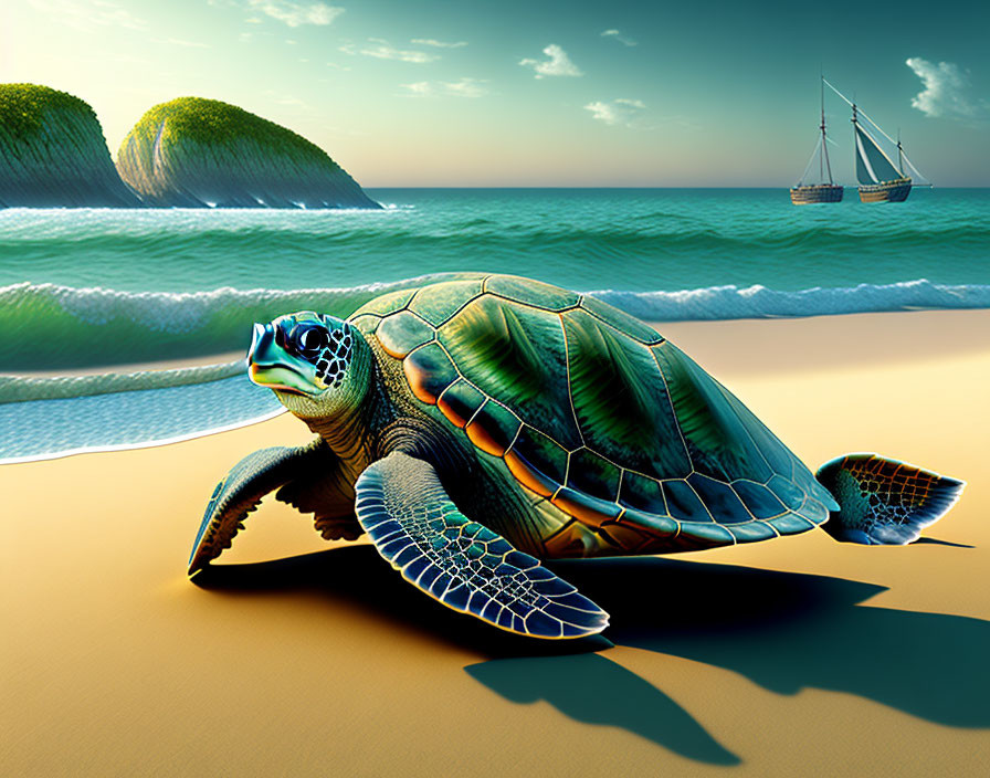 Sea Turtle on Sandy Beach with Sailboats and Calm Ocean