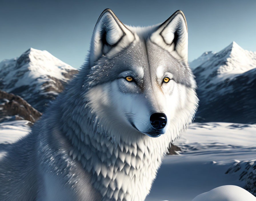 Realistic digital illustration of gray wolf with yellow eyes in snowy mountain scene
