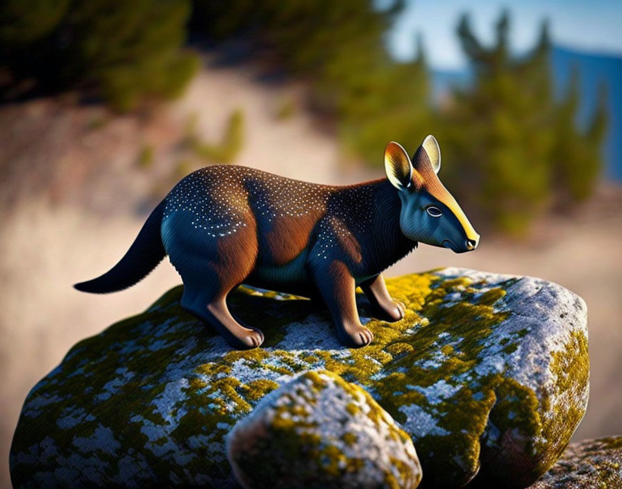 Stylized digital illustration: Fox-anteater hybrid on mossy rock