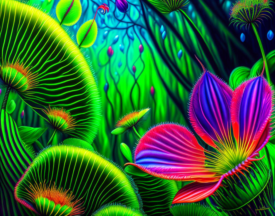Neon-colored digital art of stylized plants on dark background