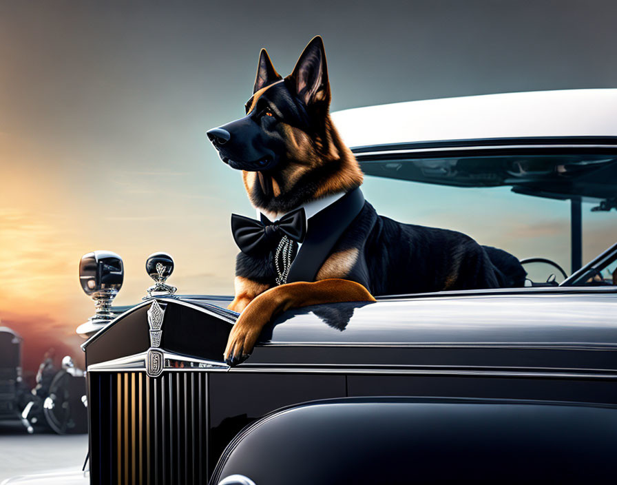 German Shepherd in bow tie and gold chain leans out luxury car window at dusk