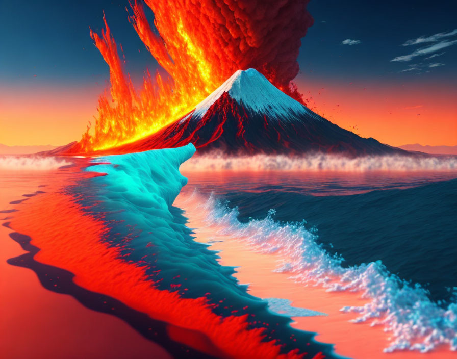 Erupting volcano by the sea with red and blue hues