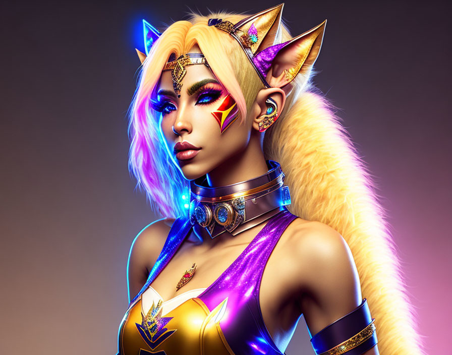 Stylized female character with cat-like features and futuristic collar on gradient background