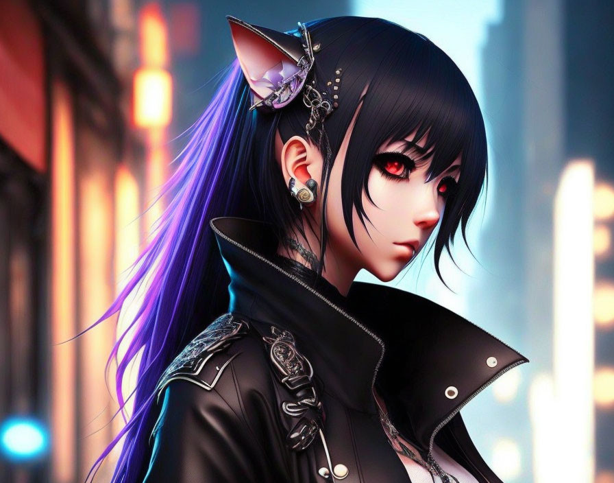 Digital artwork of female character with elf-like ears, purple hair, red eyes, modern black attire,