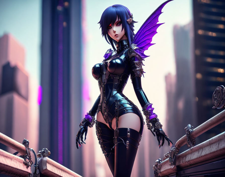 Fantasy character cosplayer with black and purple outfit and wings on city balcony.