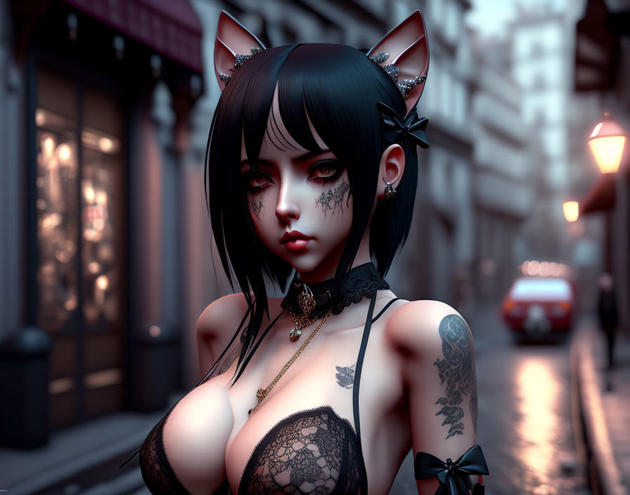 Digital artwork: Female character with cat ears, dark hair, tattoos, piercings, lace outfit
