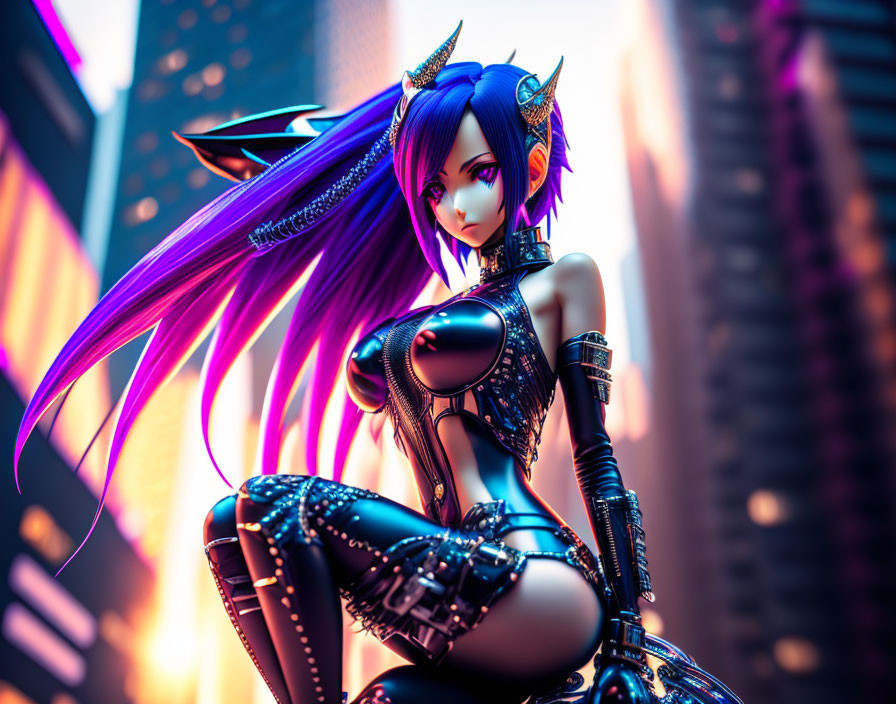 Stylized female character with purple hair and horns in futuristic black armor against neon-lit cityscape