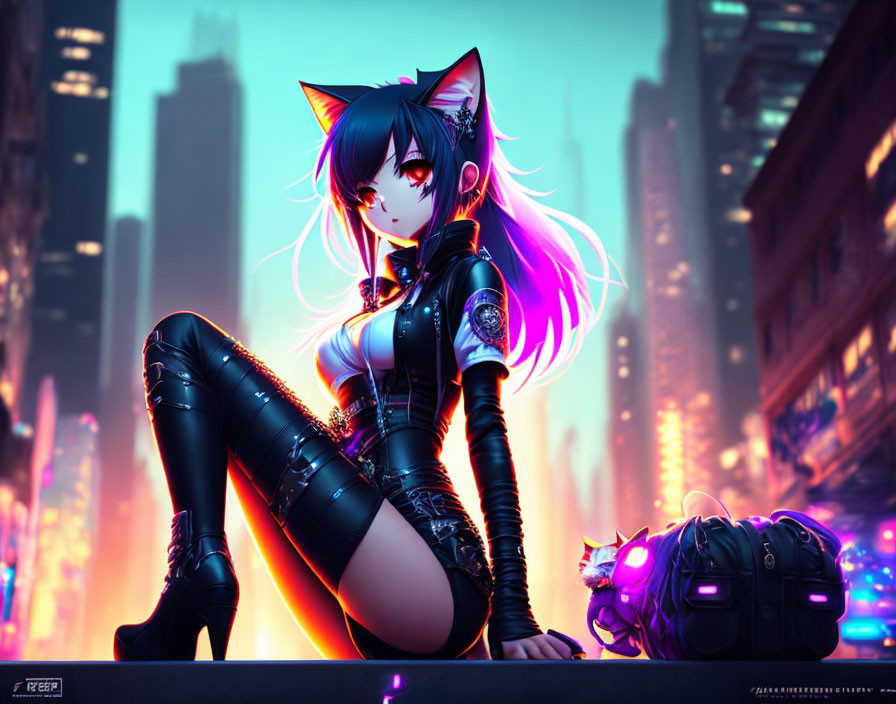 Futuristic anime character with cat ears in cyberpunk cityscape