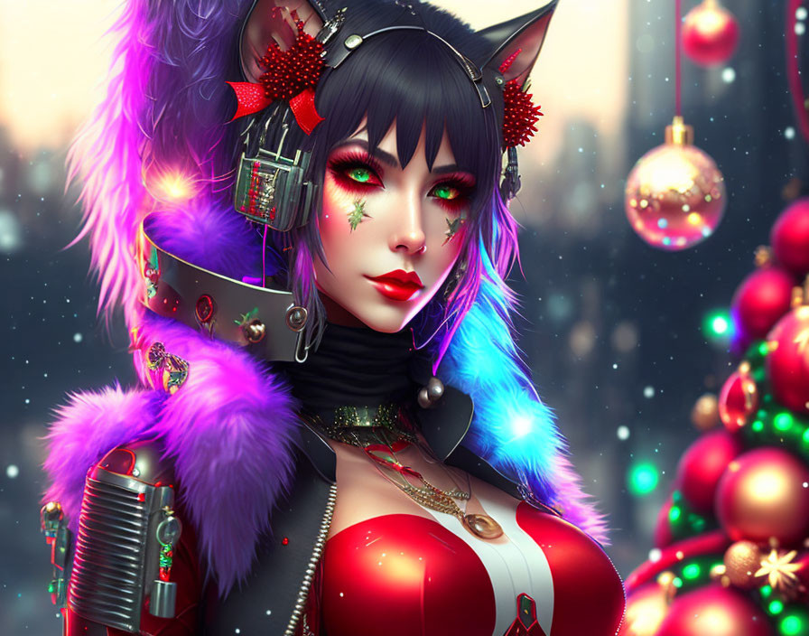 Illustrated female character with cat ears in festive attire on snowy Christmas backdrop