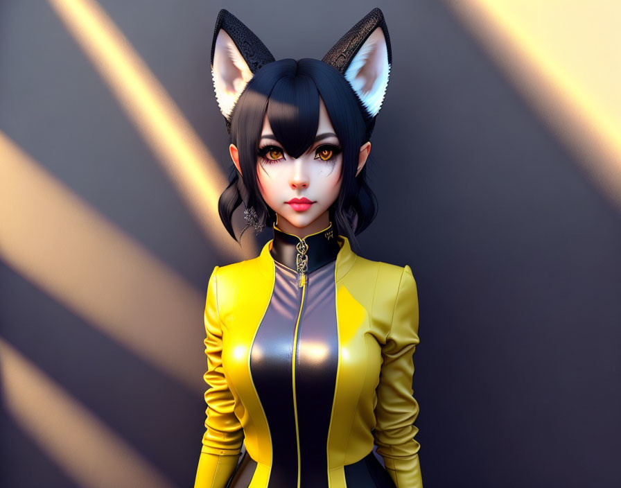 3D illustration of female character with fox ears and black hair