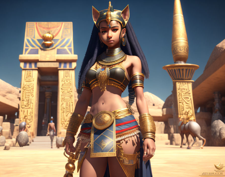 Egyptian-inspired 3D-rendered character in front of ancient architecture
