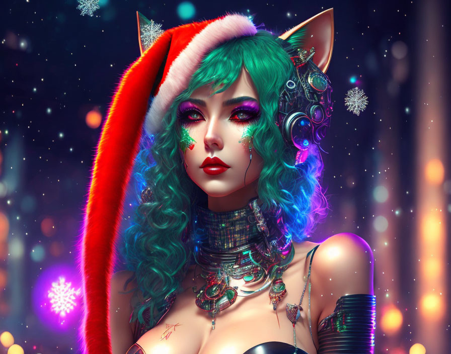 Digital artwork of woman with green hair and cat ears in Santa hat, headphones, festive makeup, surrounded