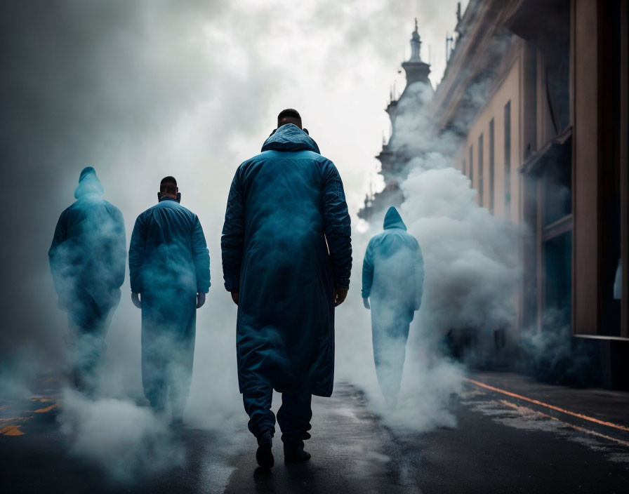 Four People in Blue Coveralls Walking in Misty Urban Street