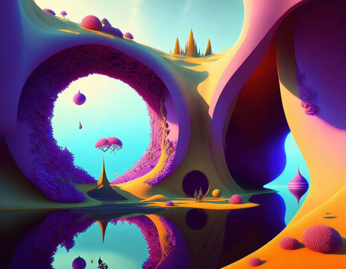 Vividly Colored Surreal Landscape with Arches and Figures