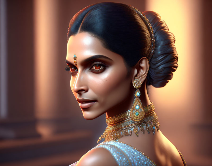 Detailed traditional jewelry and bindi on woman in digital artwork