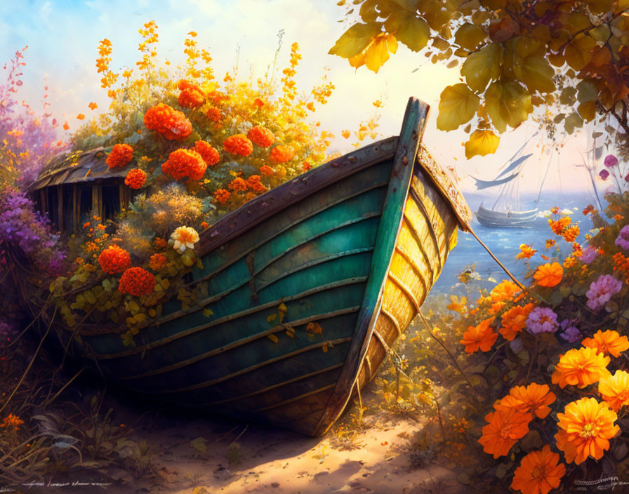 Serene image of old wooden boat with flowers by sailboat and autumn foliage