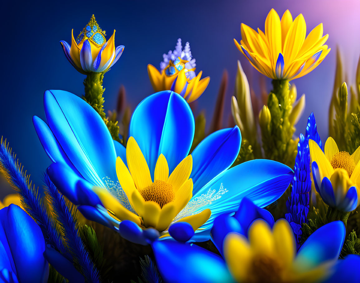 Blue and Yellow Flowers with Water Droplets on Moody Background
