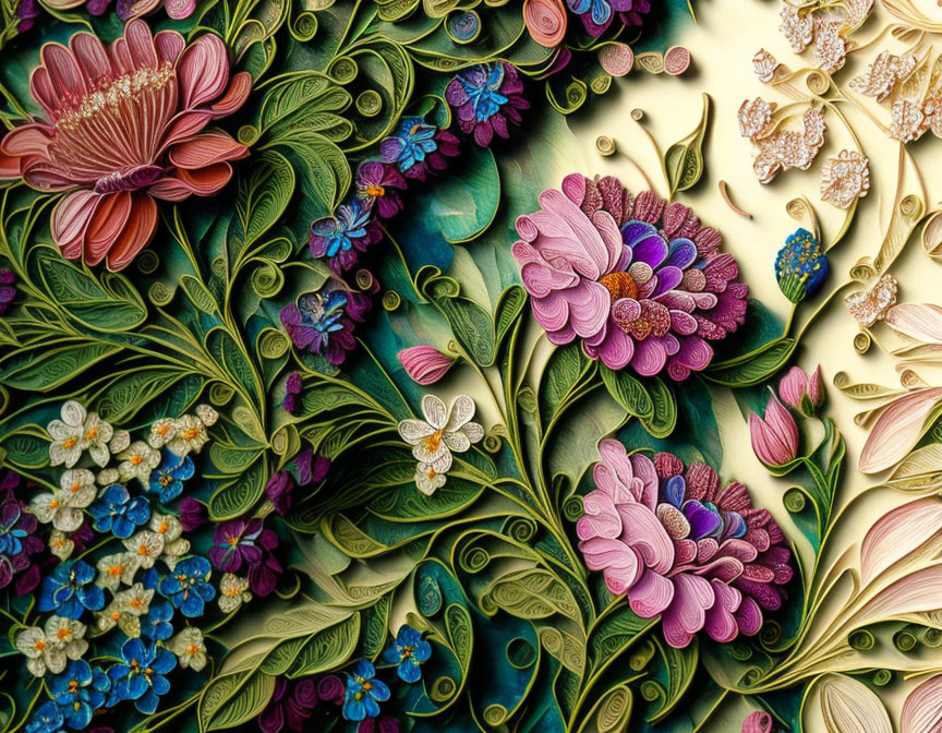 Colorful 3D paper art with floral patterns and butterflies