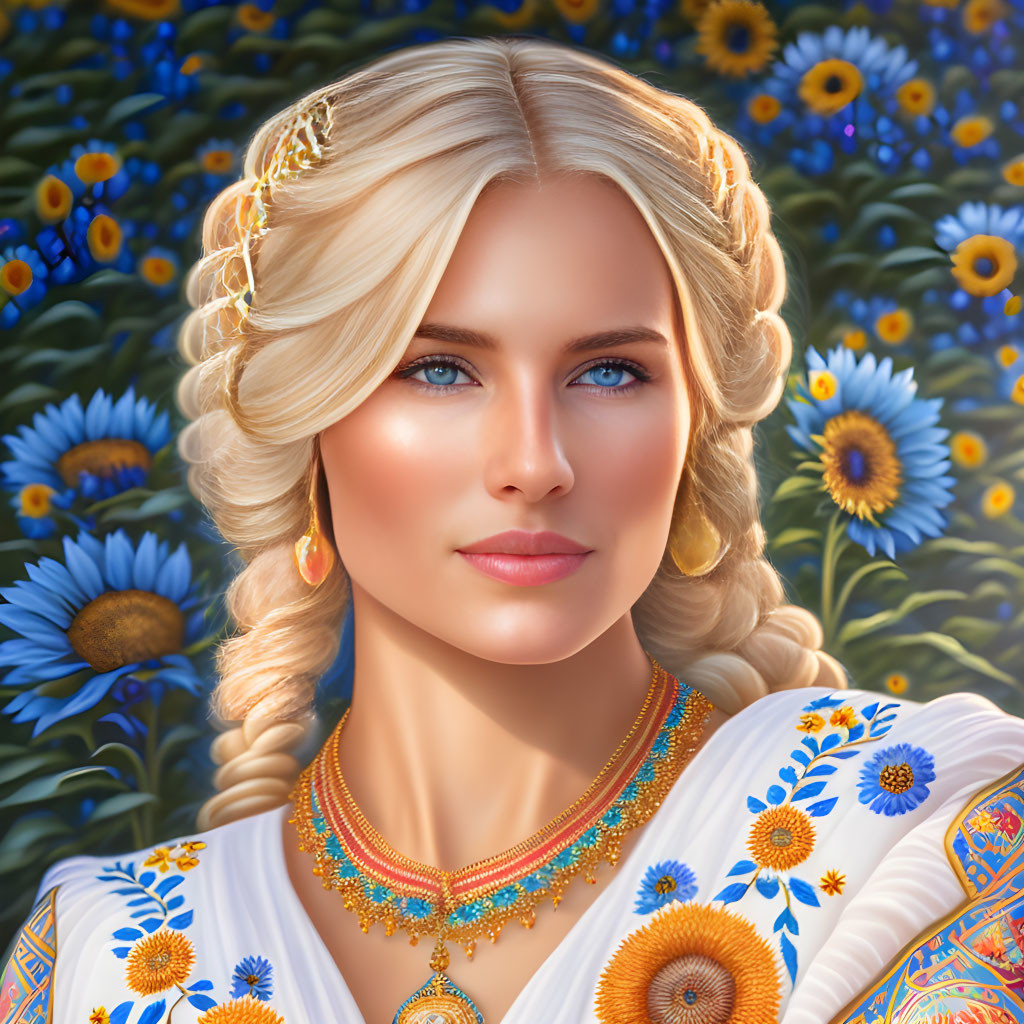 Blonde Woman in White Dress with Blue Floral Patterns Among Sunflowers