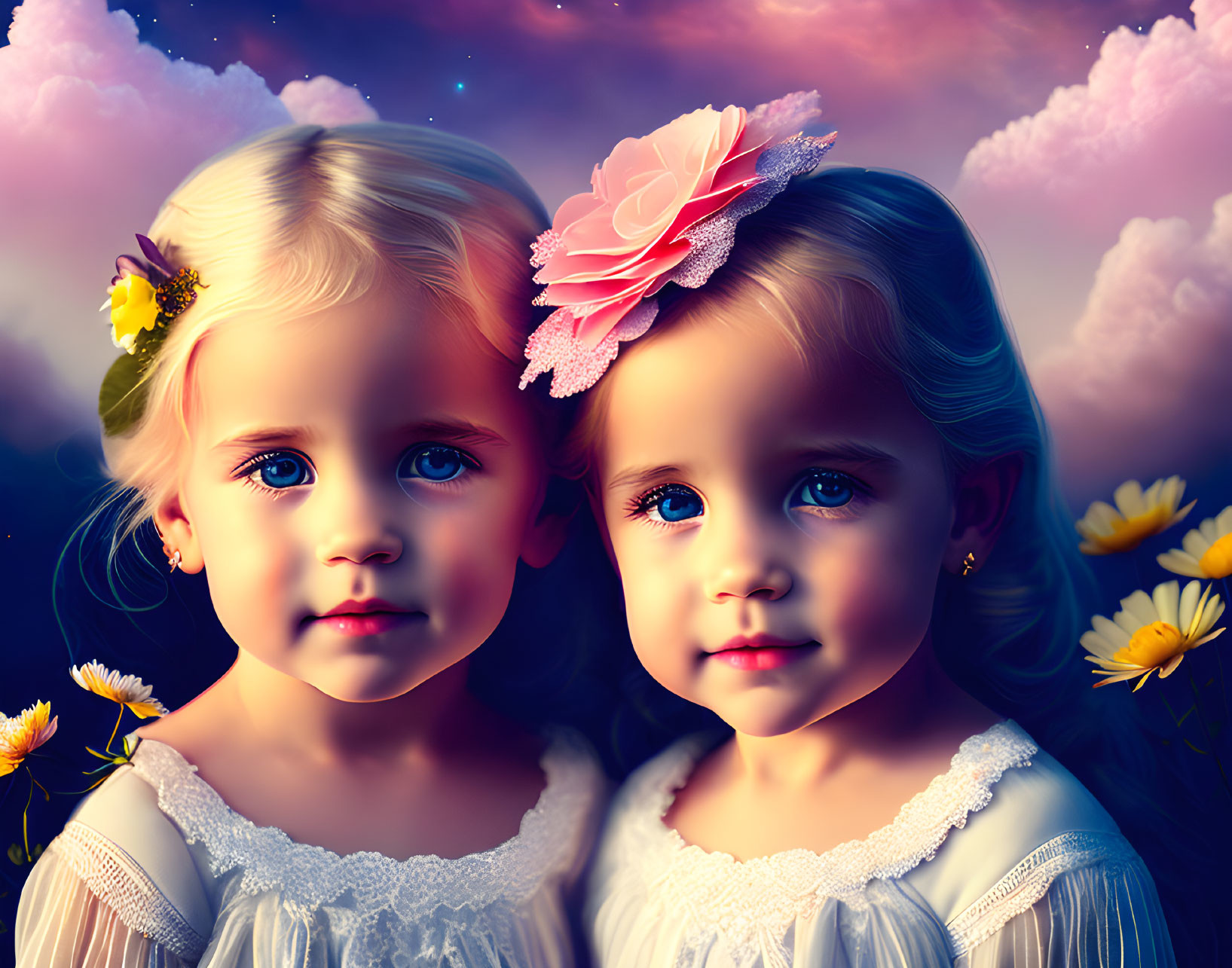 Twin girls digital art: blue-eyed, flower-adorned, dreamy sky background.