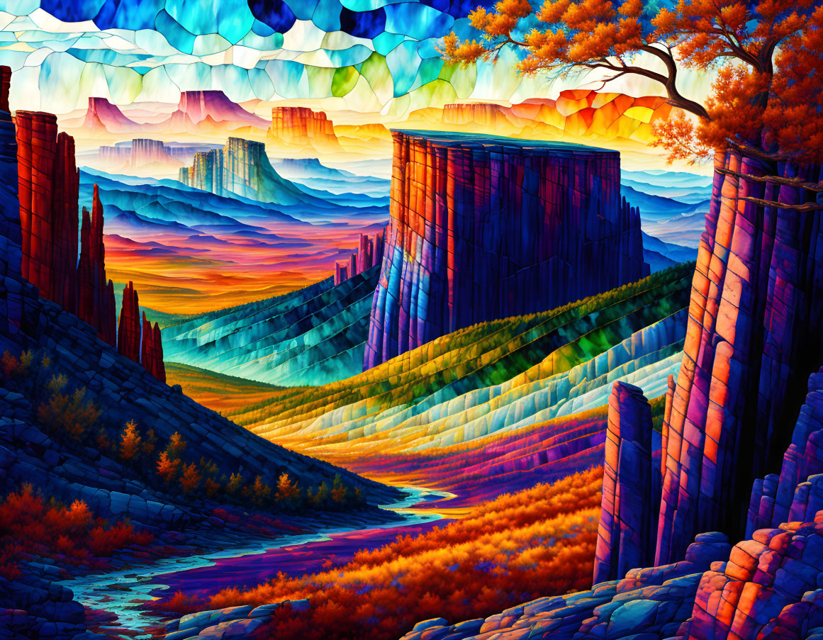 Colorful landscape with stylized geological formations, river, foliage, and vibrant sky.
