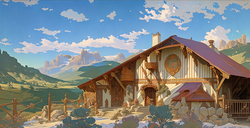 Detailed Illustration of Rustic House with Mountain Backdrop