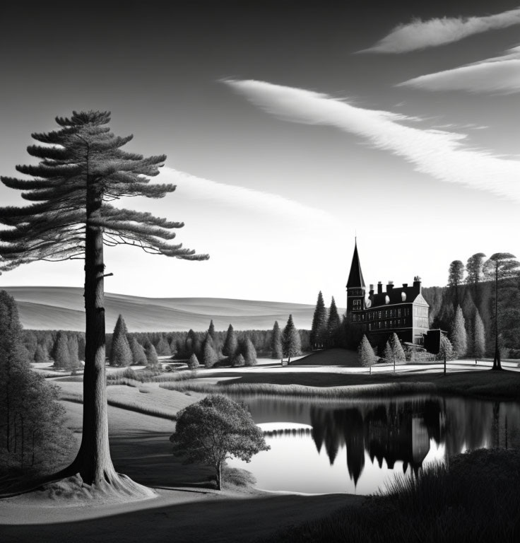 Monochrome landscape with stately manor by reflective lake