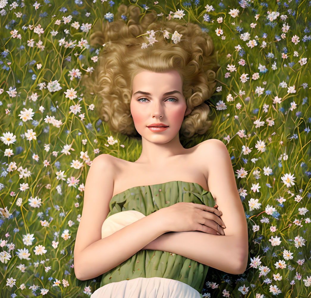 Blonde woman in green dress lying in daisy field