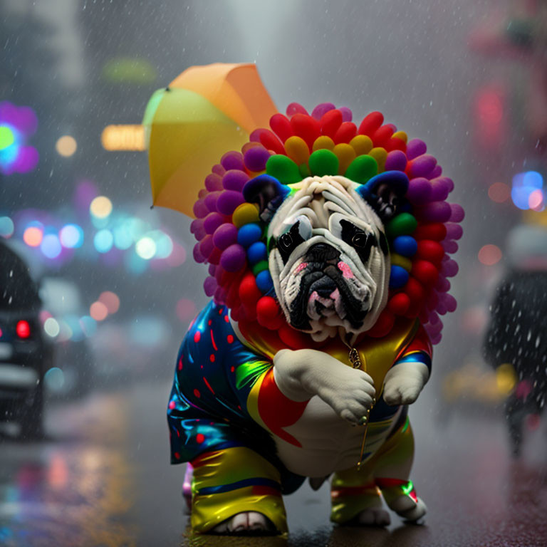 Colorful Bulldog Figurine in Raincoat with Umbrella on City Street
