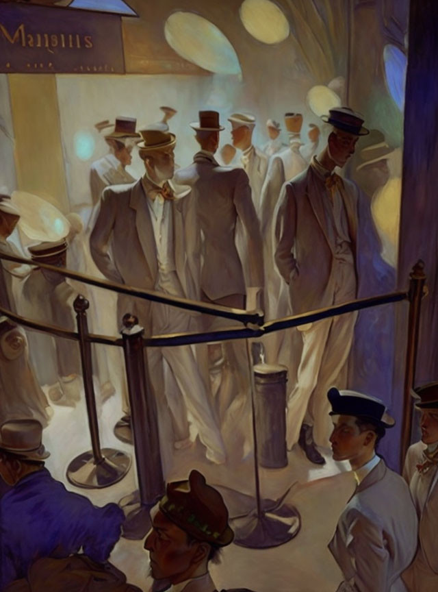 Sophisticated men in suits and straw boater hats in line behind a velvet rope with vintage ambiance