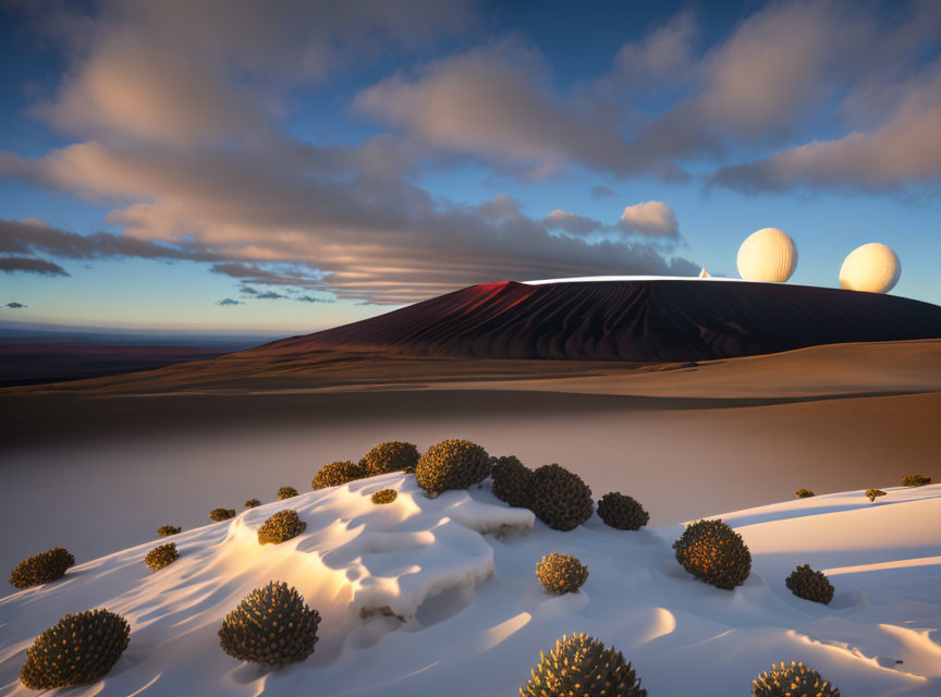 Surreal desert landscape with red light dune, bush clusters, and two suns
