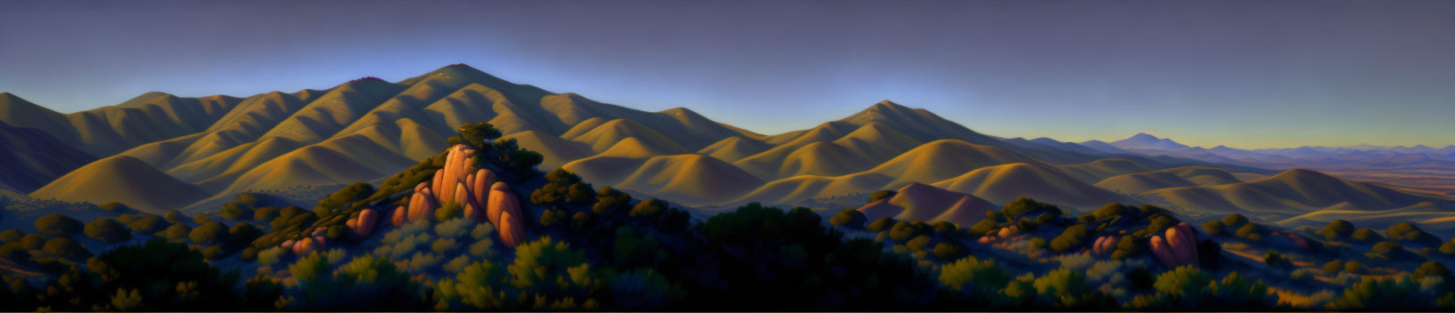 Twilight panoramic view of serene mountain backdrop and rolling hills