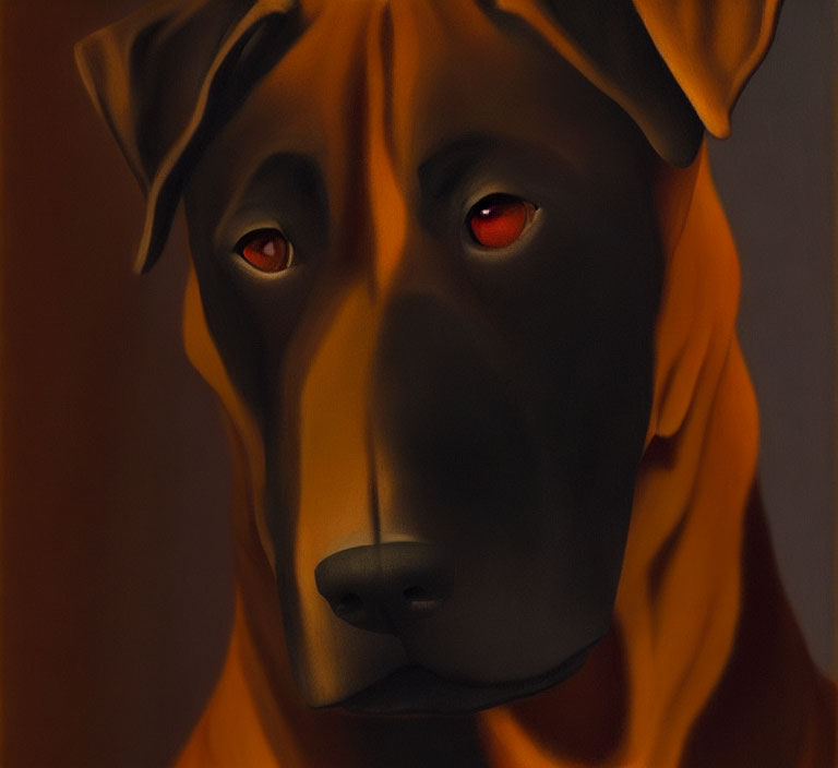 Illustration of a dog with somber red eyes in shadowy setting
