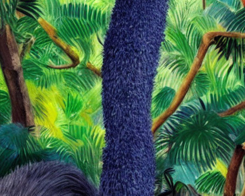 Colorful cassowary in lush green jungle with striking blue neck.