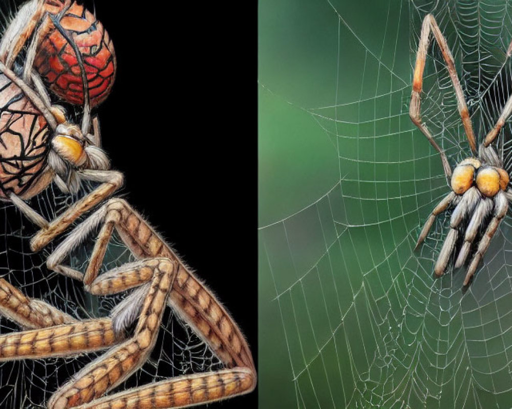 Detailed close-up images of spiders on webs with unique features.