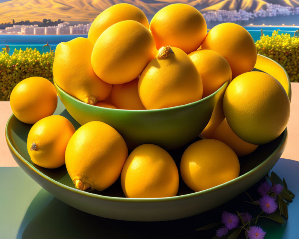 Ripe Lemons Bowl with Purple Flowers and Mountain Lake Scenery