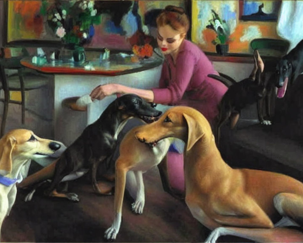 Woman petting greyhound in cozy floral room