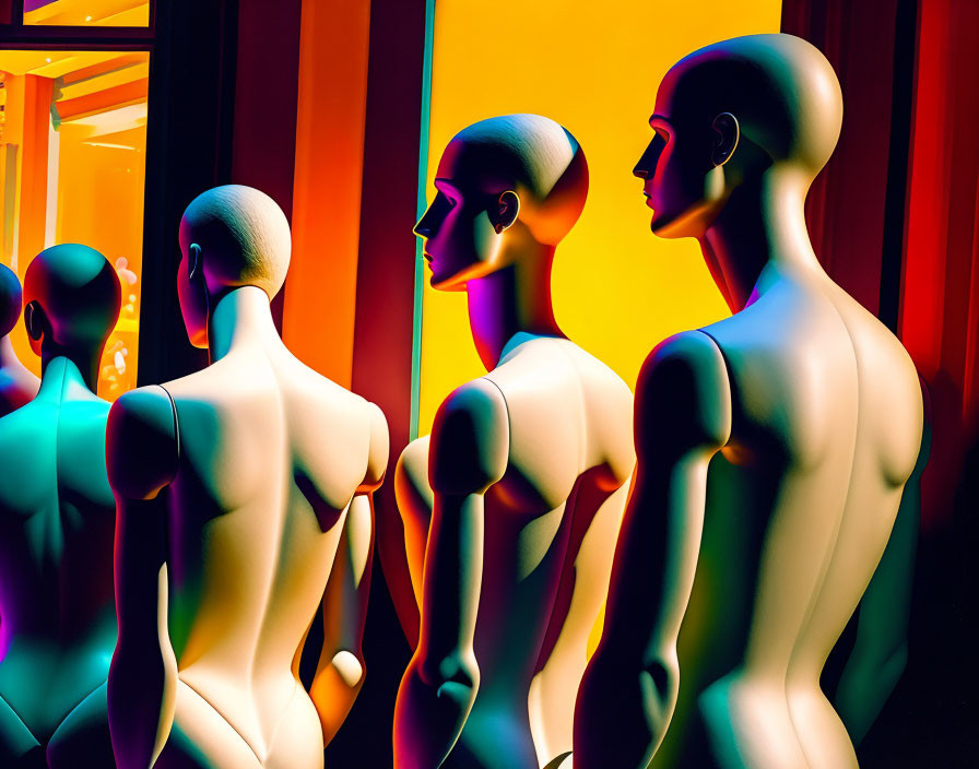 Store window display: Mannequins with warm to cool gradient lighting.