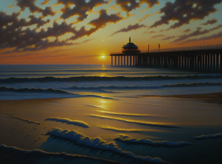 Tranquil sunset over ocean with pier and pavilion