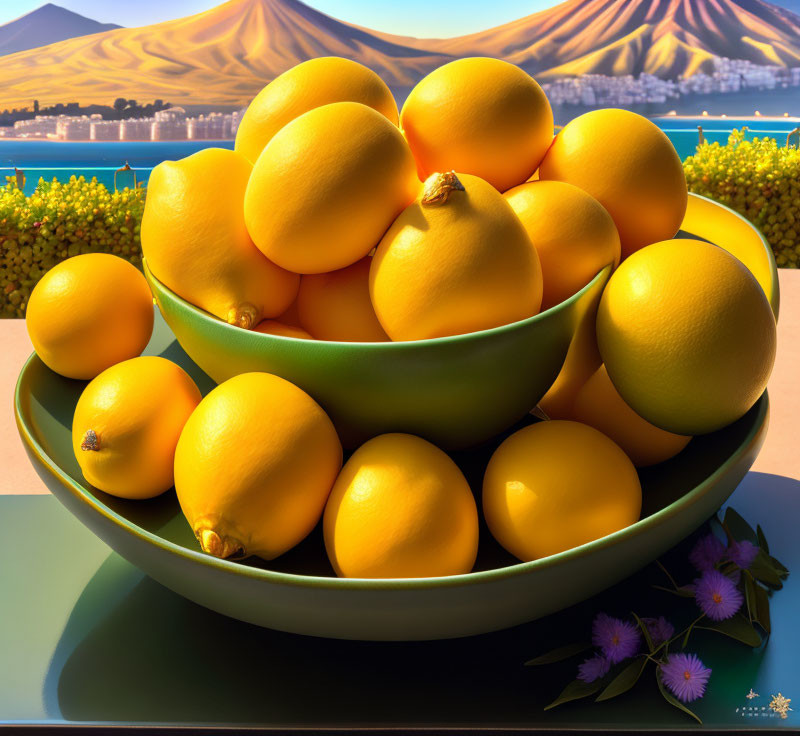 Ripe Lemons Bowl with Purple Flowers and Mountain Lake Scenery