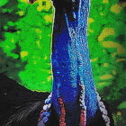 Colorful cassowary in lush green jungle with striking blue neck.