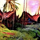 Tropical landscape with traditional stilt houses and palm trees at dusk or dawn