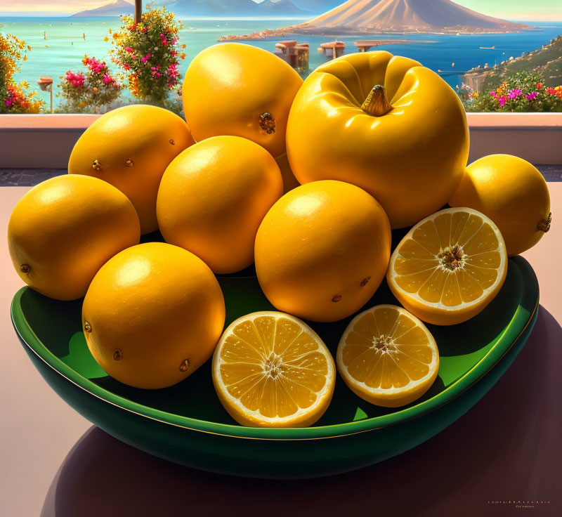 Fresh Oranges Bowl with Halved Fruit on Table with Coastal Bridge View