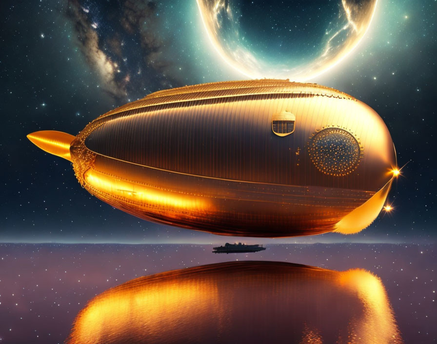 Golden futuristic airship hovers over reflective surface in starry sky