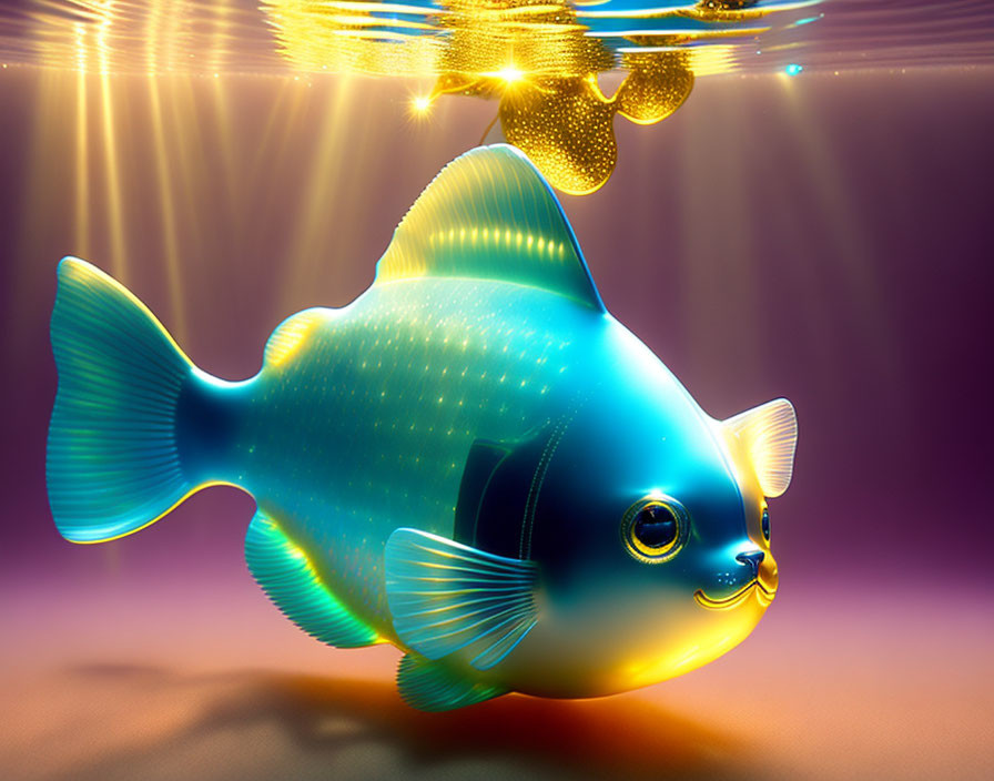 Colorful digital illustration of a whimsical fish with shining scales on warm backdrop